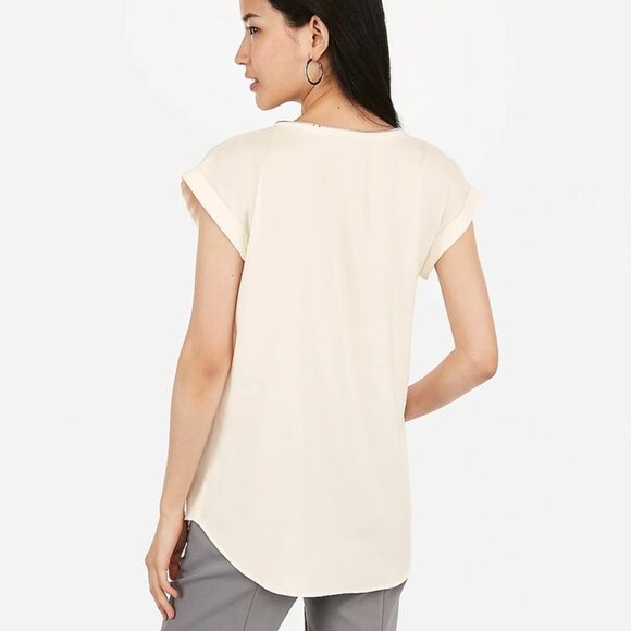 Express Zip Neck Gramercy Tee Top Blouse Ivory Cap Sleeves - Picture 2 of 7